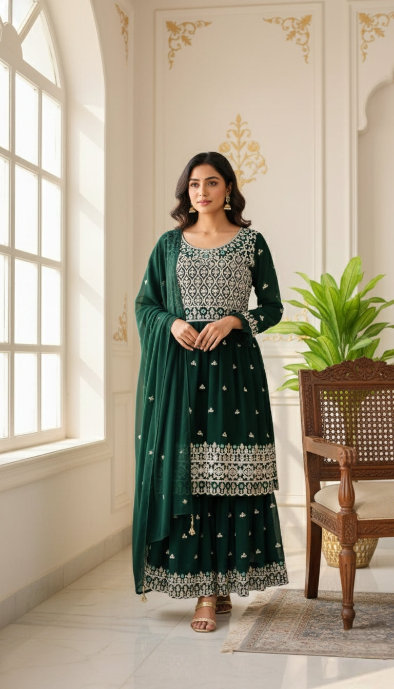 Women Green Diamond Work Georgette Sharara Set