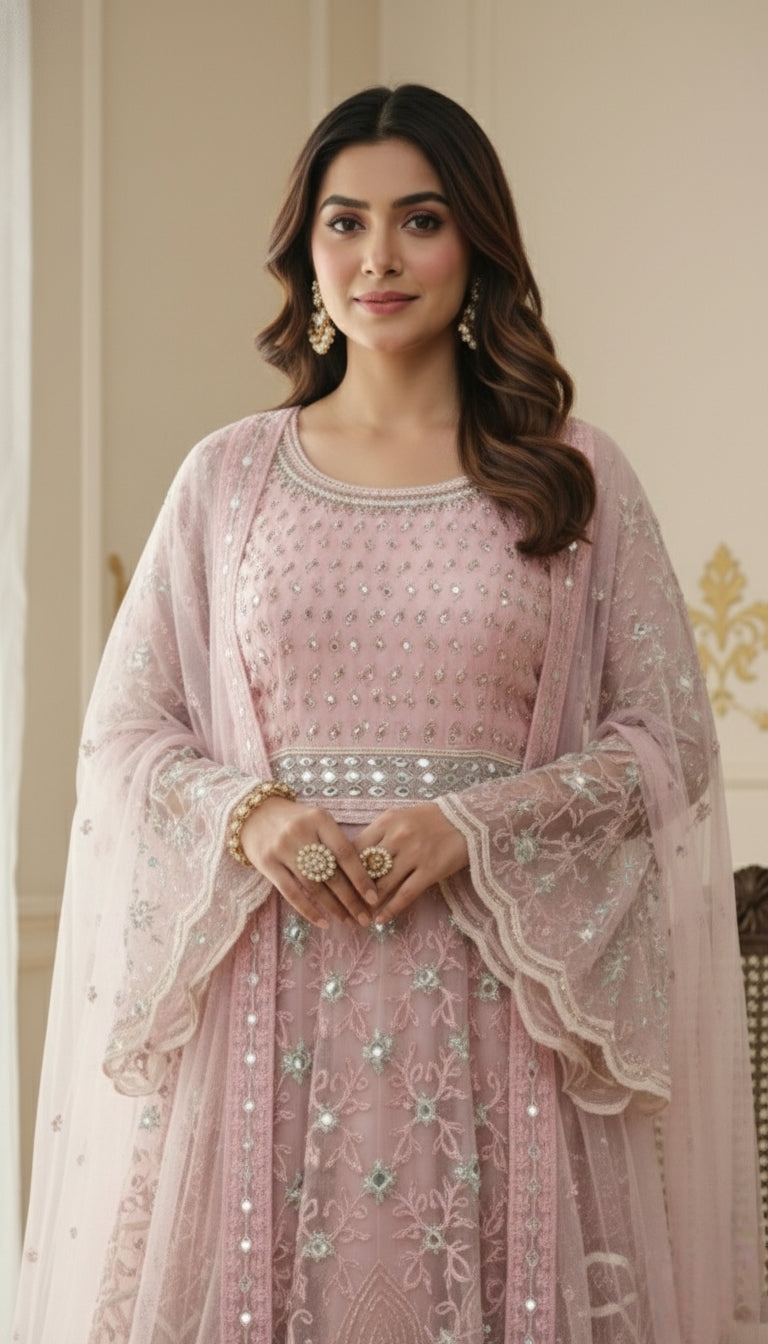 Women Light Pink Bell Sleeves Net Crop Top Lehenga Set