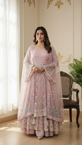 Women Light Pink Bell Sleeves Net Crop Top Lehenga Set