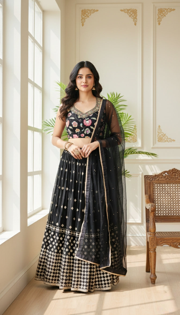 Women Black Embroidered Georgette Crop Top Lehenga Set