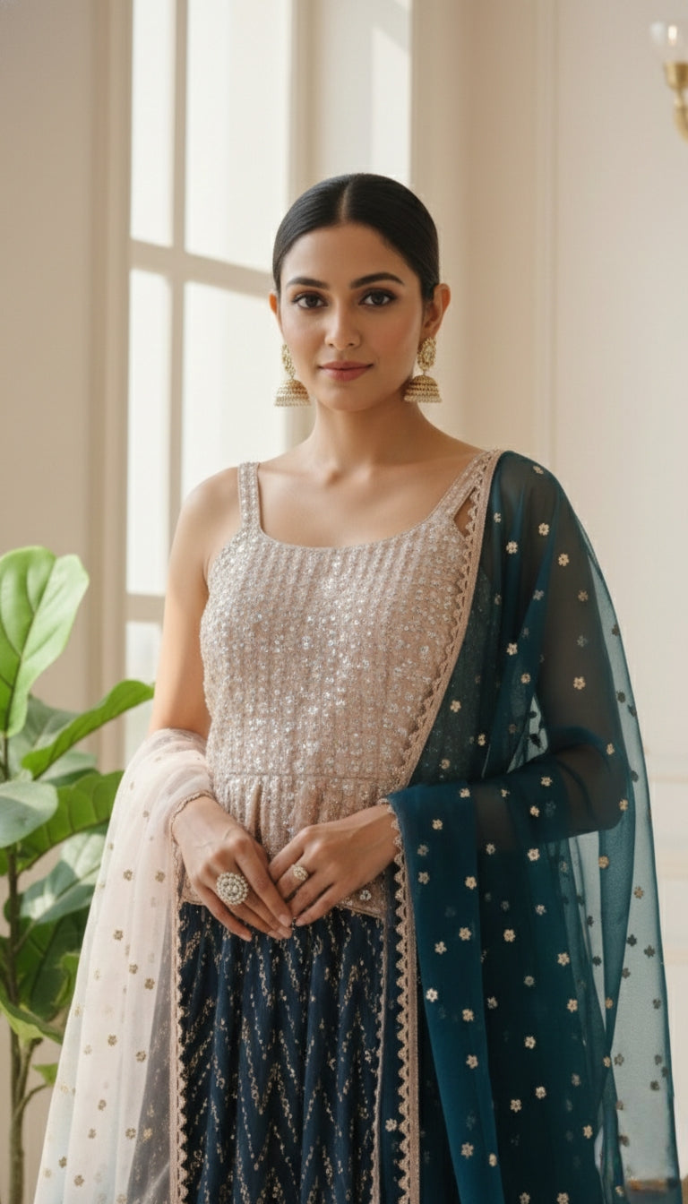 Women Multicolour Embroidered Georgette Crop Top Lehenga