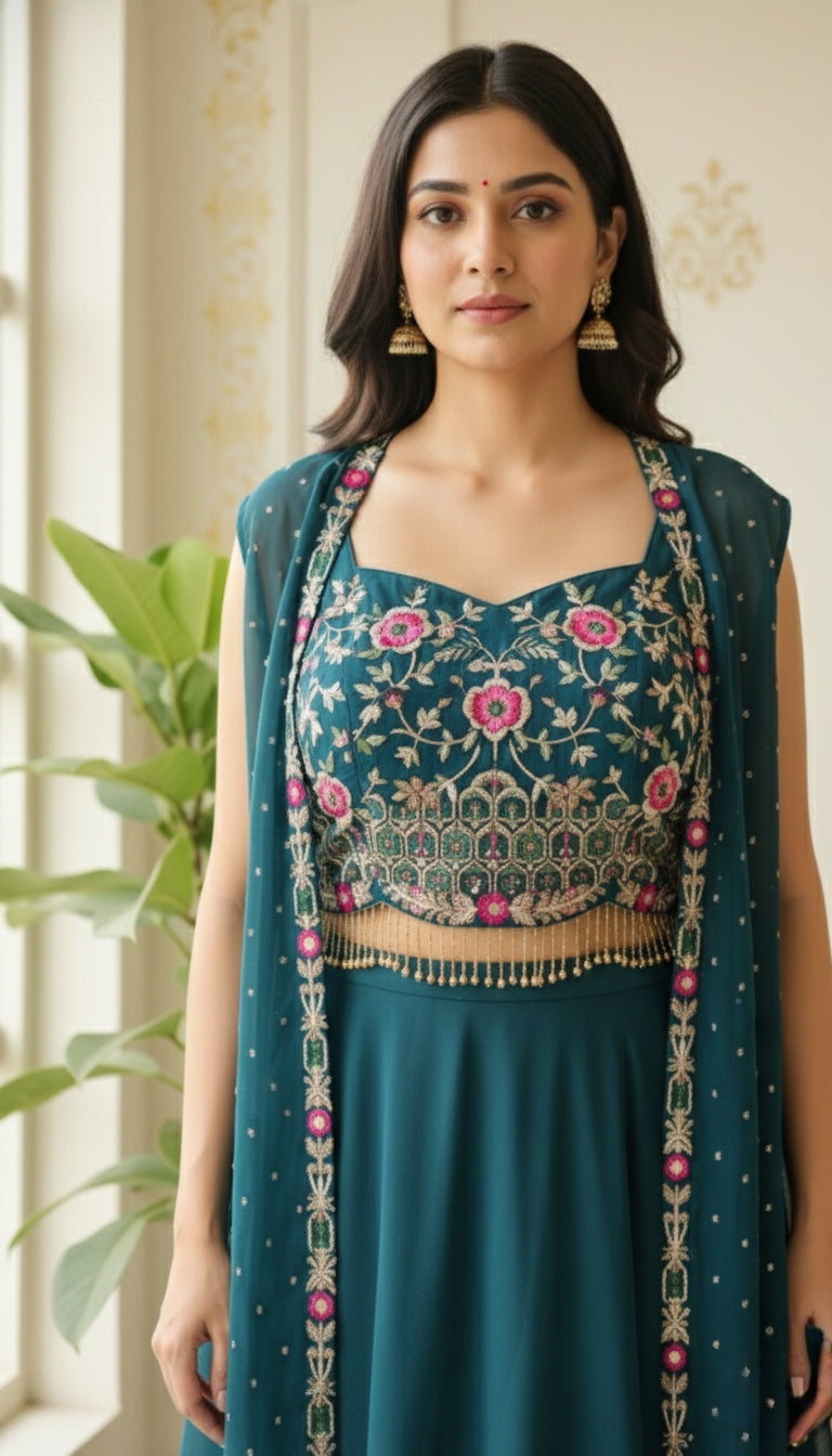 Women Teal Blue Embroidered Skirt Crop Top Shrug Dress