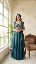Women Teal Blue Embroidered Skirt Crop Top Shrug Dress