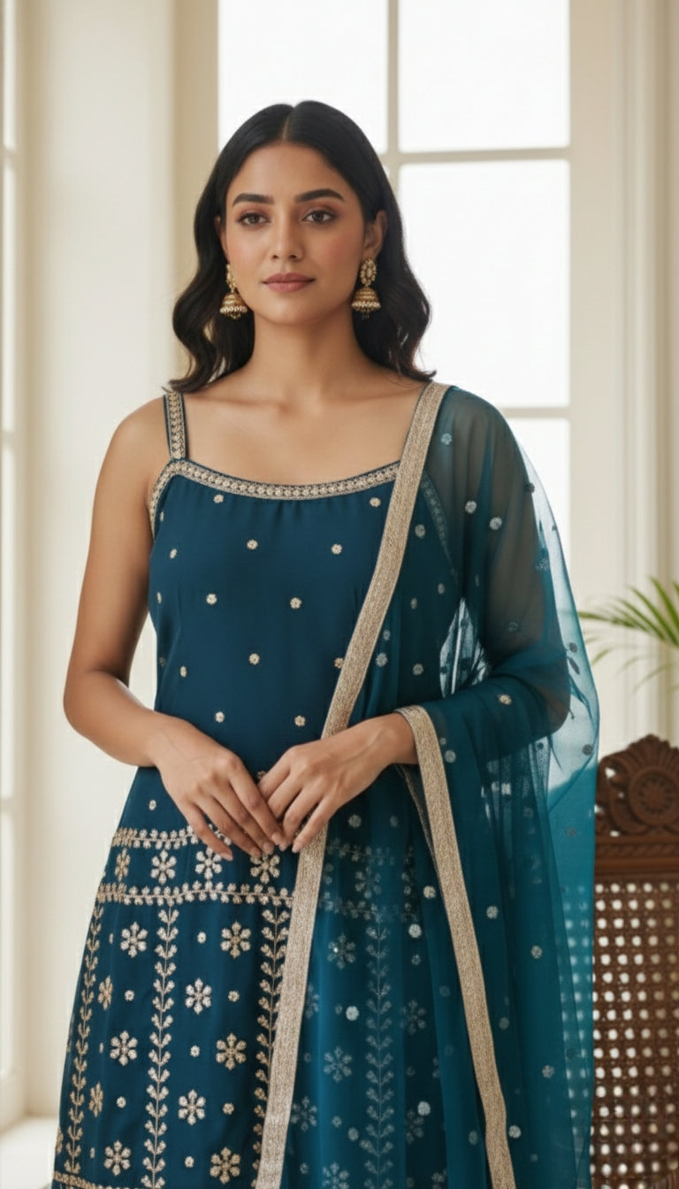 Women Teal Blue Embroidered Georgette Sharara Set