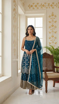 Women Teal Blue Embroidered Georgette Sharara Set
