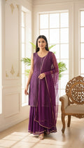 Women Wine Embroidered Georgette Sharara Set