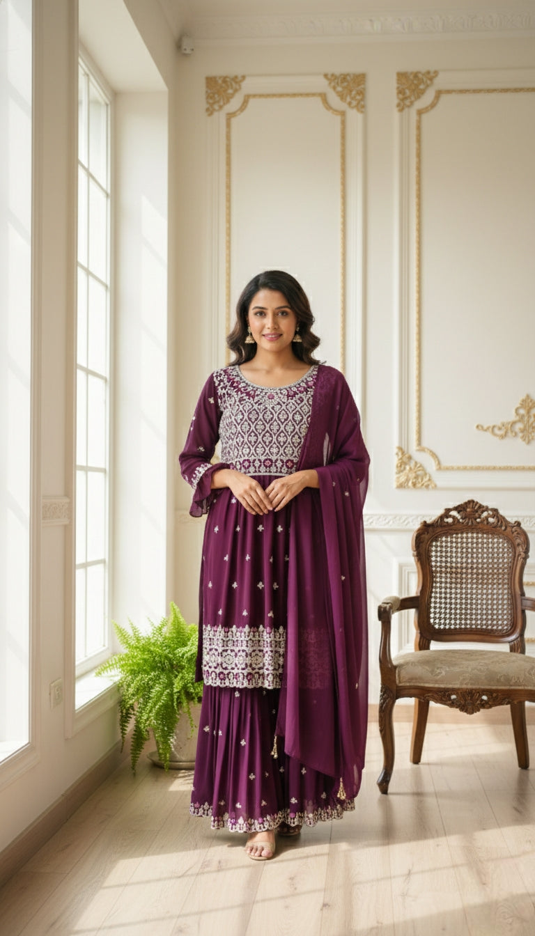 Women Purple Embroidered Georgette sharara set