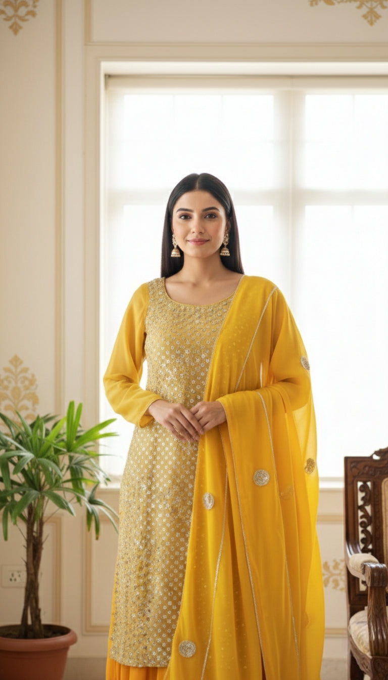 Women Yellow Beads Emboidered Georgette Sharara Set