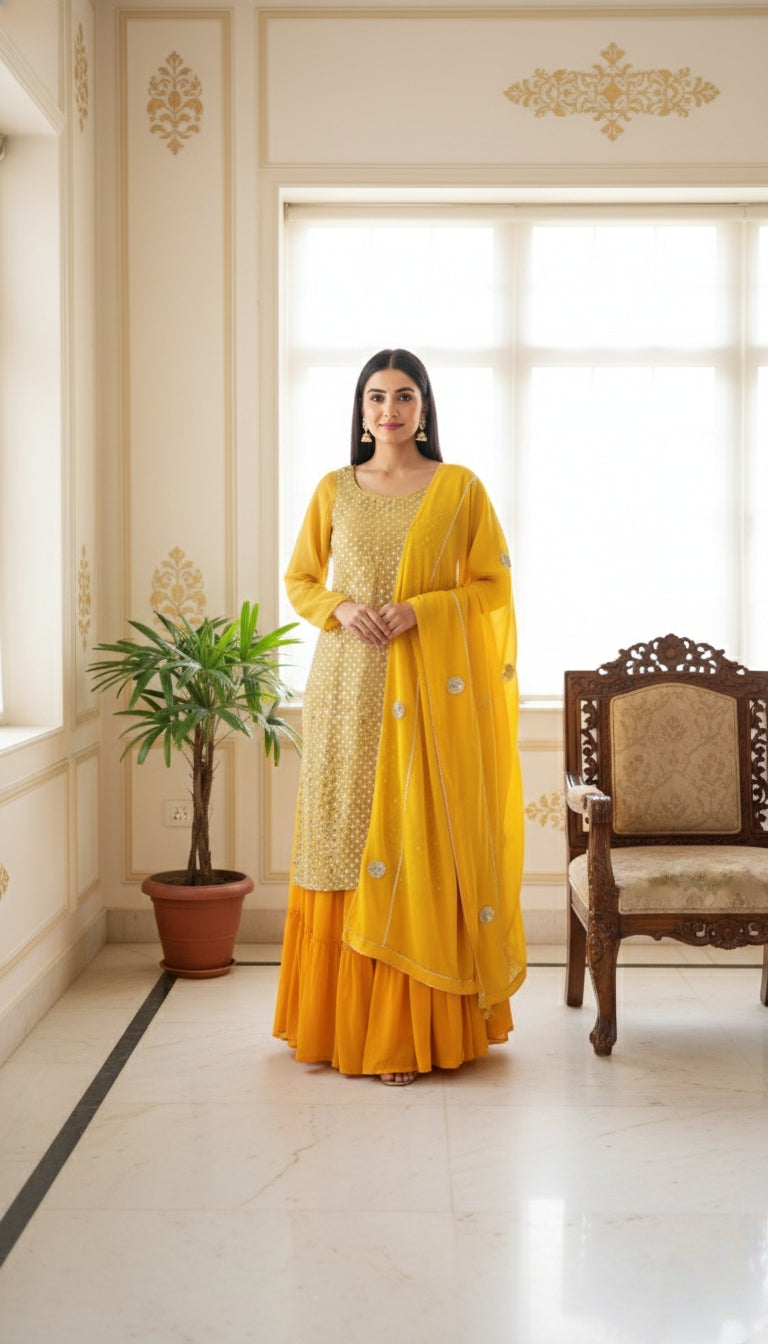 Women Yellow Beads Emboidered Georgette Sharara Set