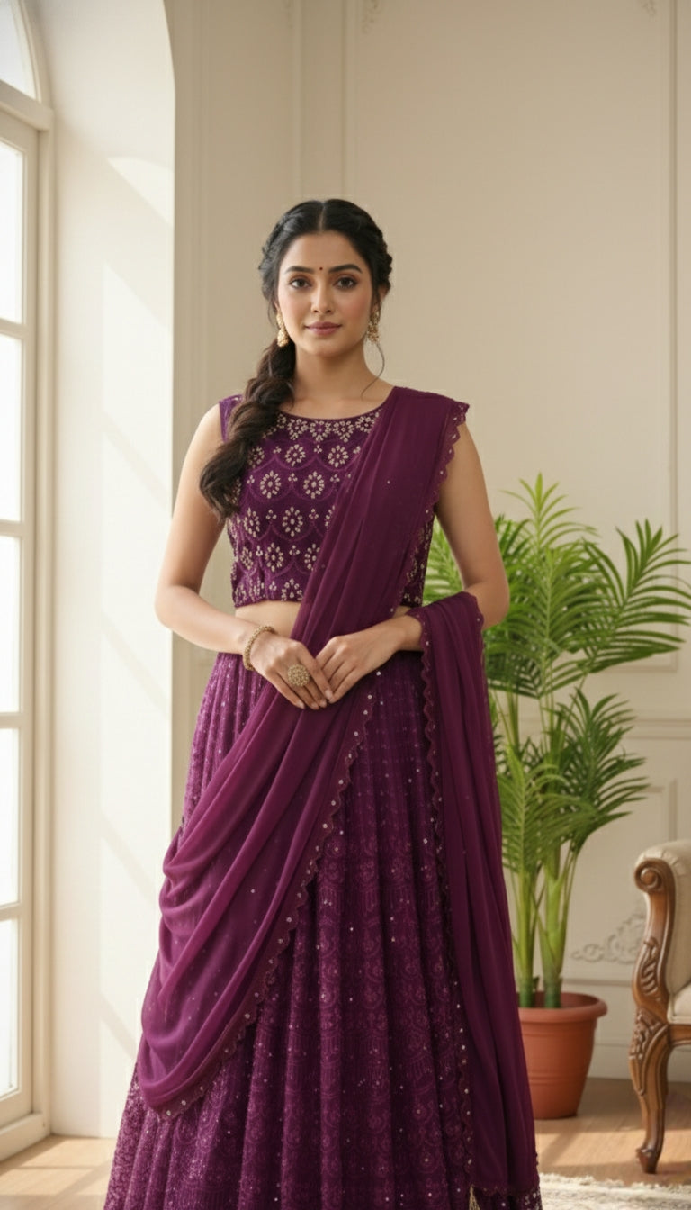 Women Wine Emboidered Net Lehenga Choli Duppatta Set