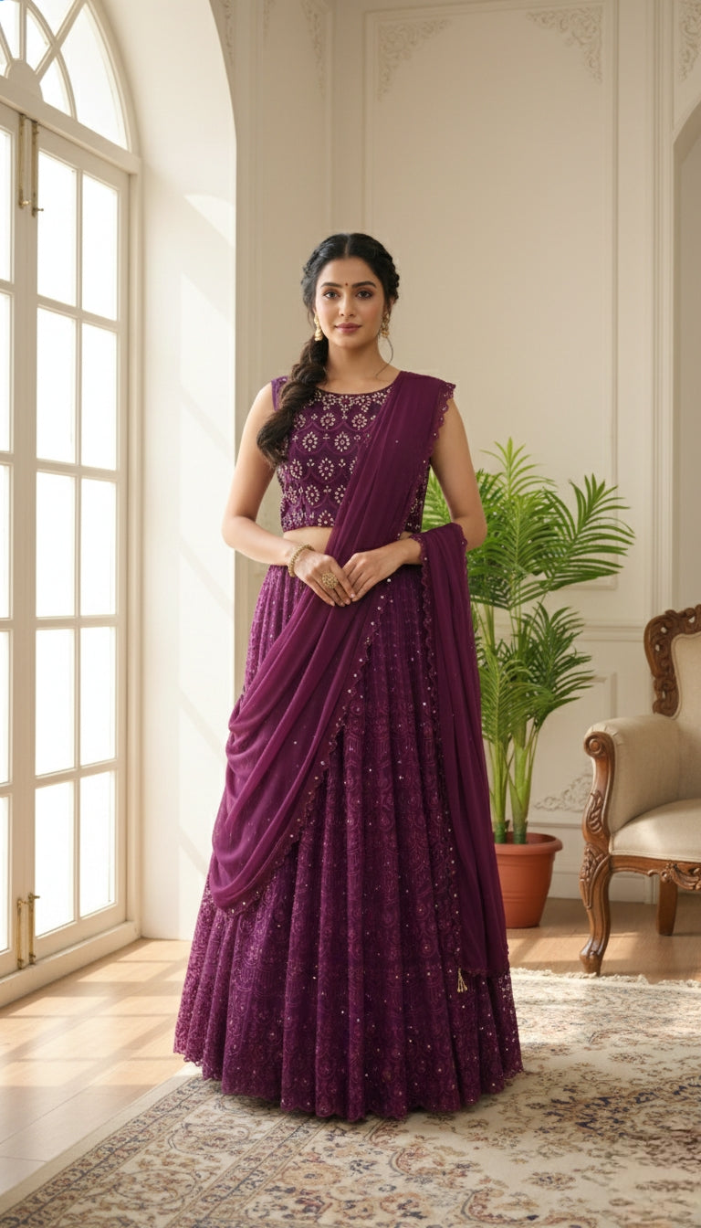 Women Wine Emboidered Net Lehenga Choli Duppatta Set