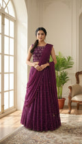 Women Wine Emboidered Net Lehenga Choli Duppatta Set