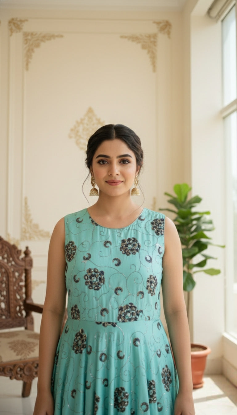 Women Light Blue Emboidered Silk Gown And Duppatta Set