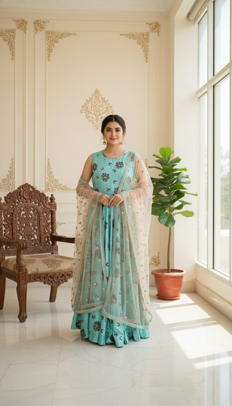 Women Light Blue Emboidered Silk Gown And Duppatta Set
