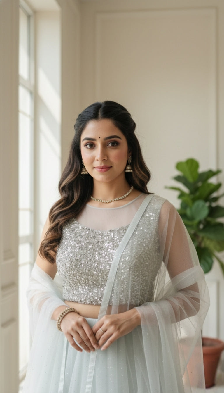 Women Light Blue Glittered Net lehenga Crop Top And Duppatta Set