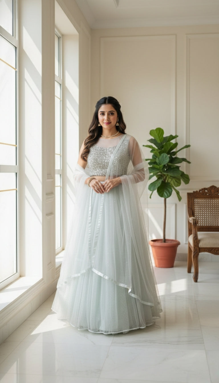 Women Light Blue Glittered Net lehenga Crop Top And Duppatta Set