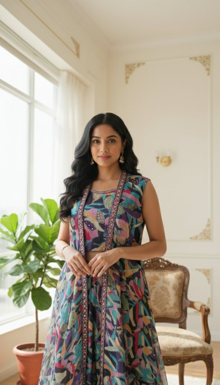 Women Multicolour Chinnon Indo Western Skirt Top And Shrug Dress