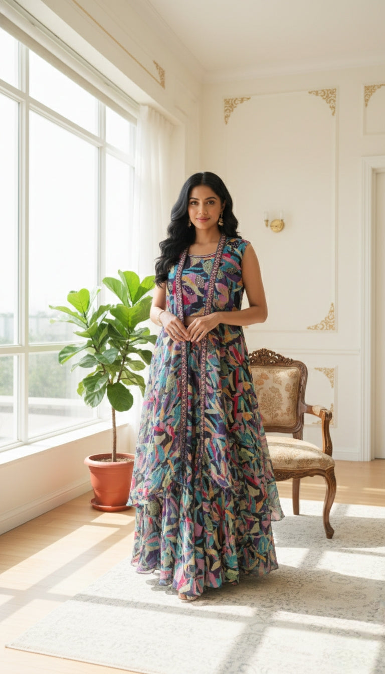 Women Multicolour Chinnon Indo Western Skirt Top And Shrug Dress