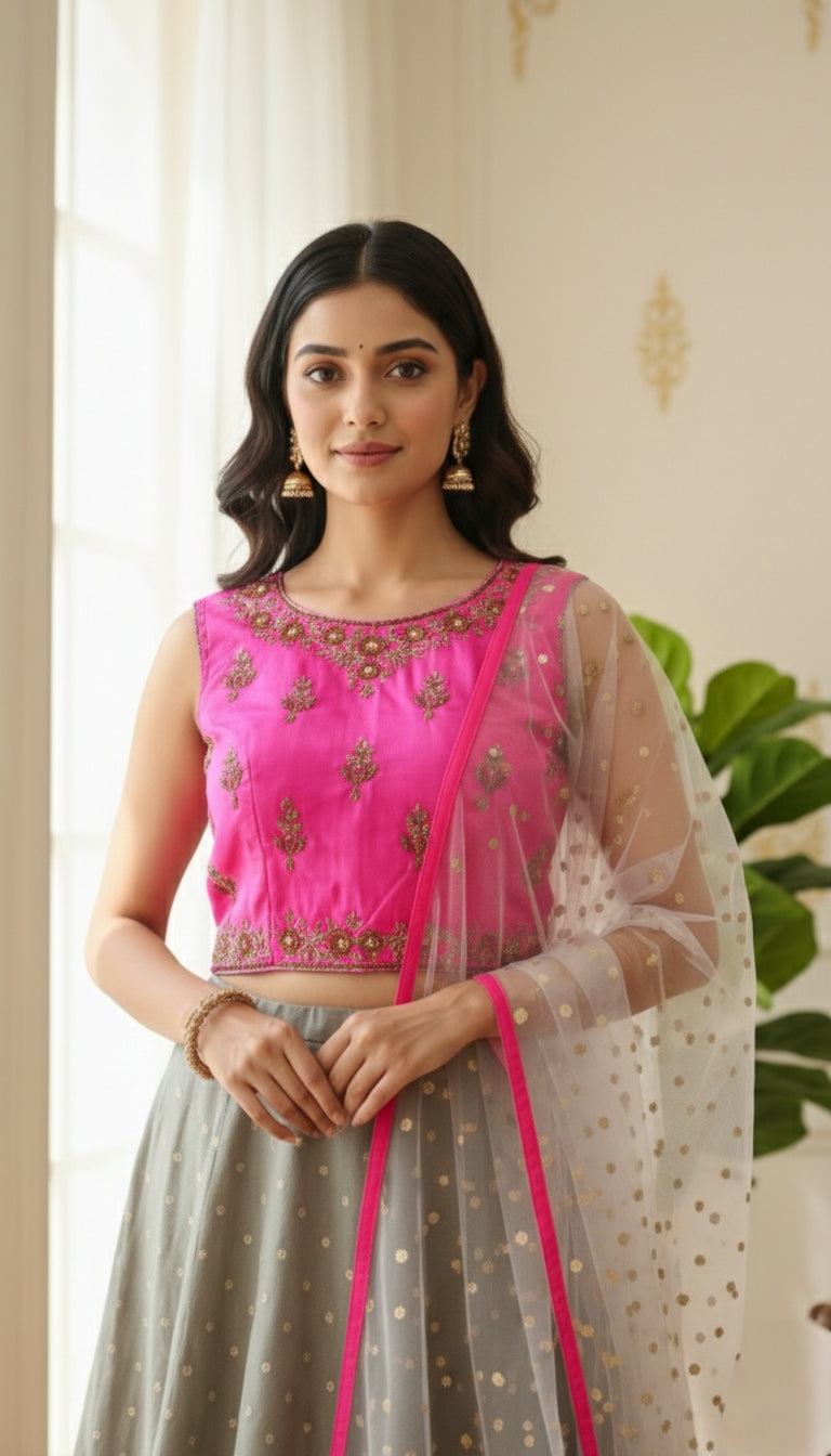 Women Pink & Gray Emboidered Chinnon Lehenga Crop Top Duppatta Set