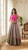 Women Pink & Gray Emboidered Chinnon Lehenga Crop Top Duppatta Set