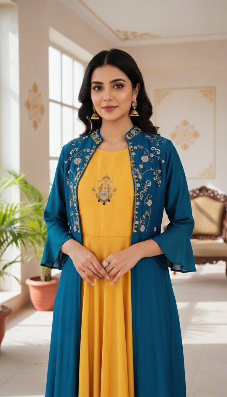 Women Blue Yellow Embroidered Silk Shrug Gown