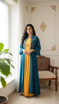 Women Blue Yellow Embroidered Silk Shrug Gown