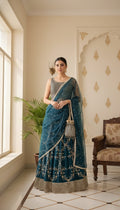 Women Peacock Blue Zari Emboidered Soft Net Lehenga Choli Duppatta Set