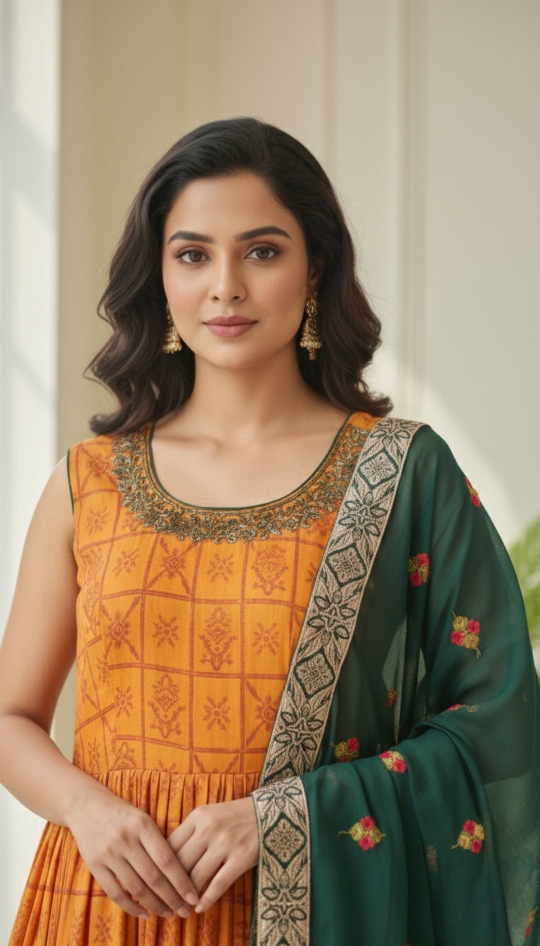 Women Mustard Yellow Emboidered Cotton Blend Long Gown And Duppatta Set