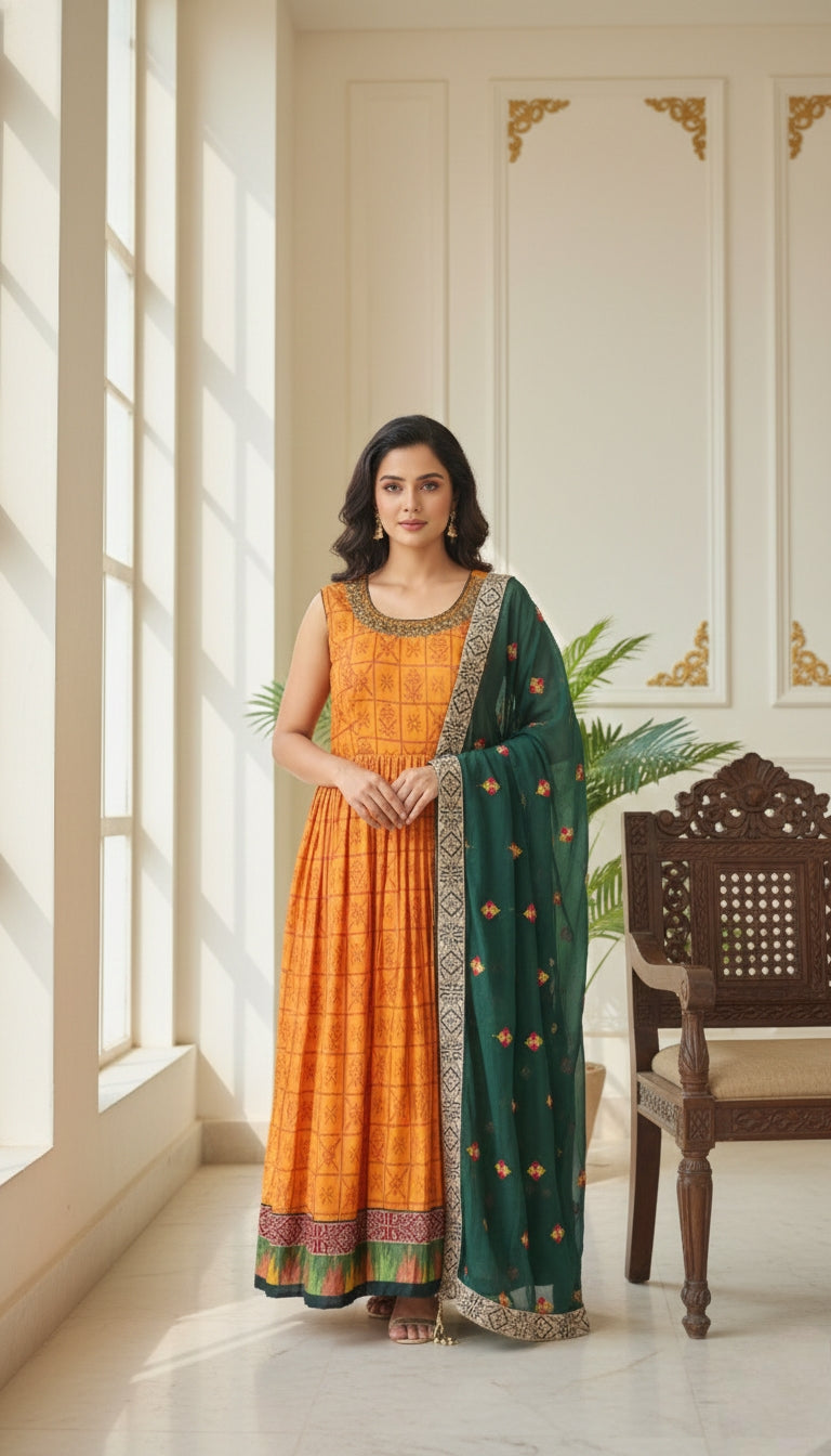 Women Mustard Yellow Emboidered Cotton Blend Long Gown And Duppatta Set