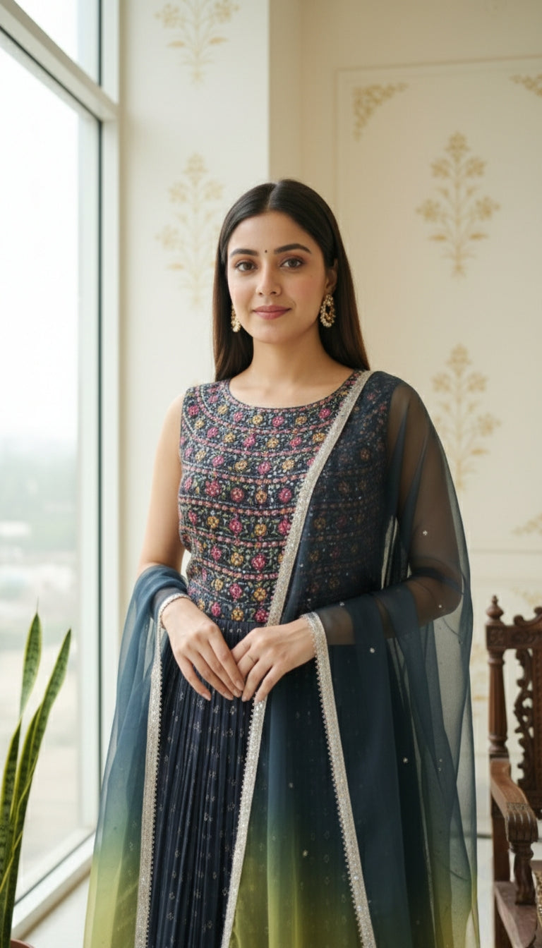 Women Gray Floral Emboidered Georgette Long Gown And Duppatta Set