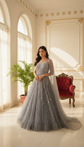 Women Grey Stones Emboidered Net Long Gown