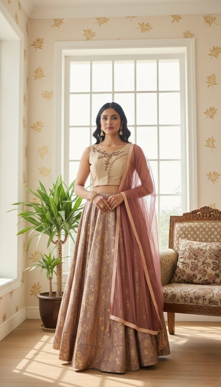 Women Gold Emboidered Silk embellished Lehenga Choli Dupatta