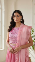 Women Pink Emboidered Imported Fabric Lehenga Crop Top And Duppatta Set