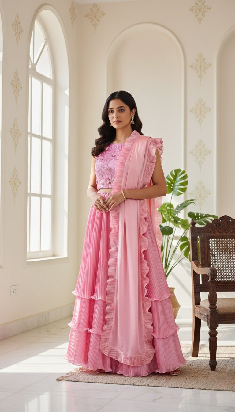 Women Pink Emboidered Imported Fabric Lehenga Crop Top And Duppatta Set