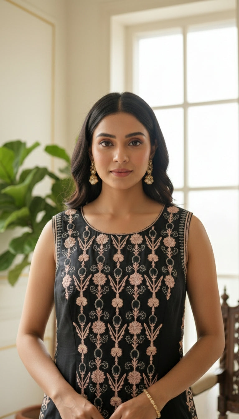 Women Silk Blend Floral Embroidery Gown (Black)