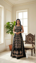 Women Silk Blend Floral Embroidery Gown (Black)