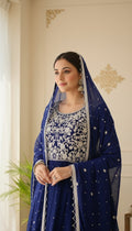 Women Dark Blue Beads Emboidered Silk Kurta Lehenga Duppatta Set