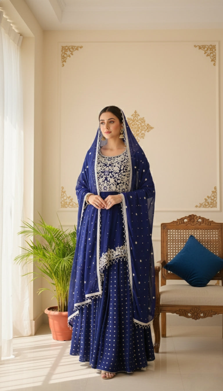 Women Dark Blue Beads Emboidered Silk Kurta Lehenga Duppatta Set