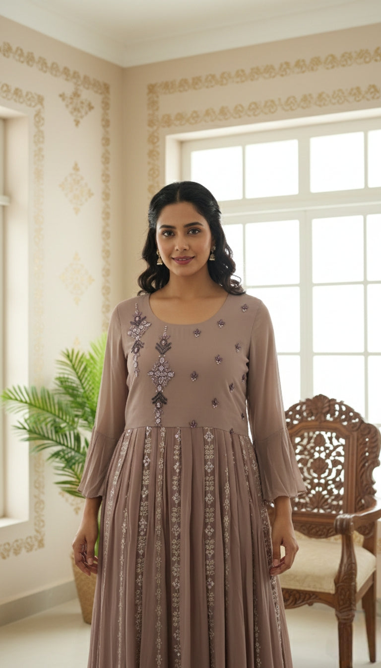 Women Beige Stone Emboidered Georgette Long Gown