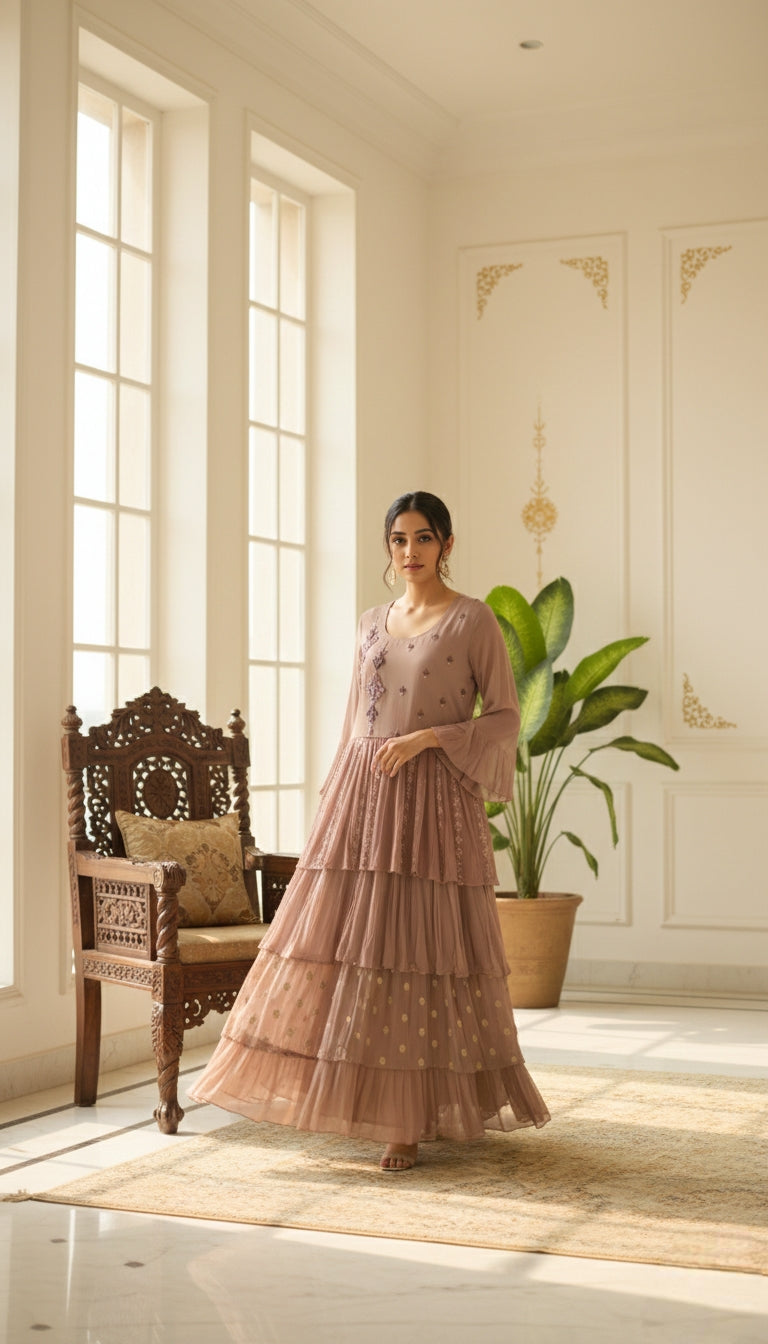 Women Beige Stone Emboidered Georgette Long Gown