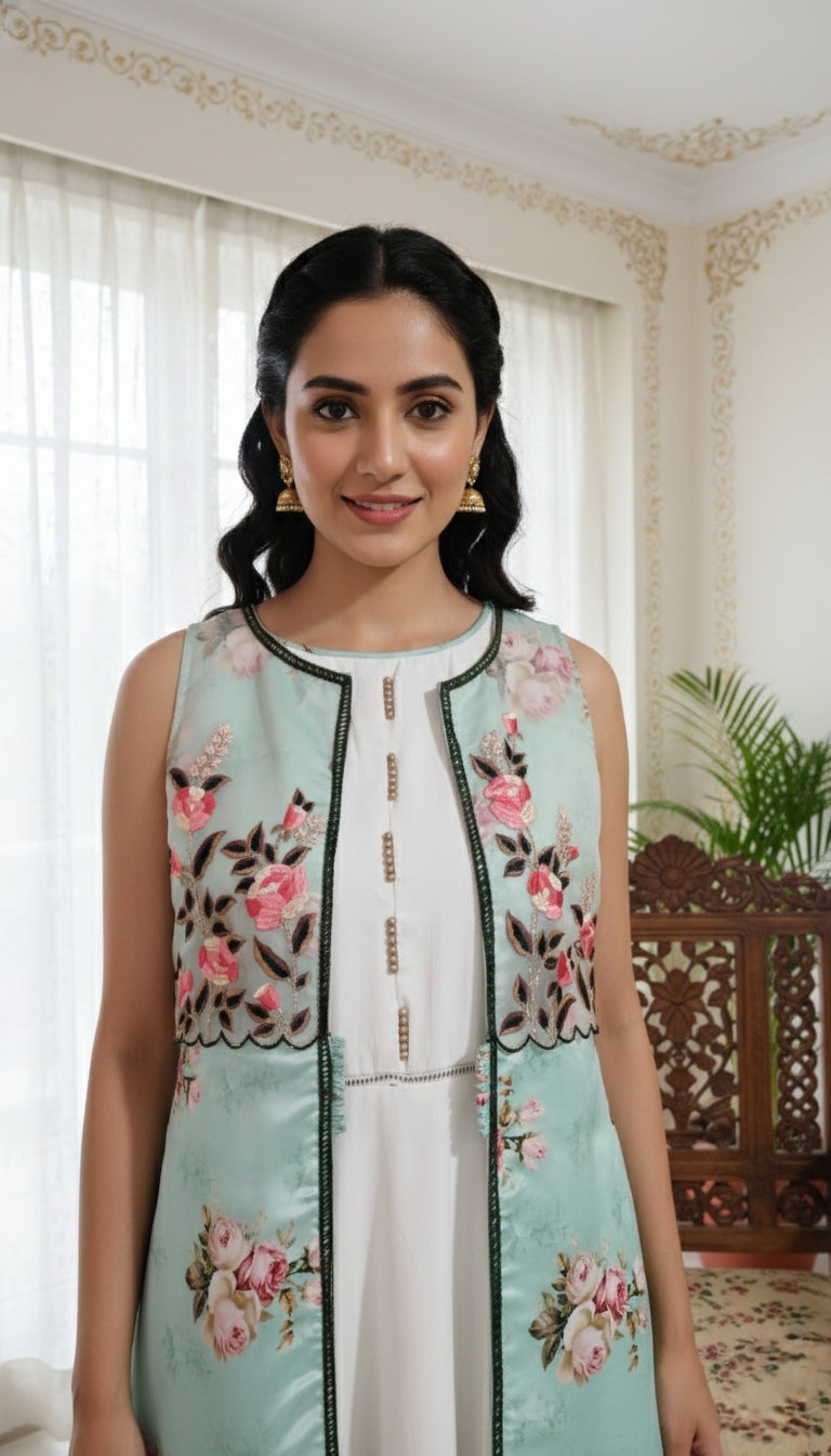 Women Multicolour Poly Crepe Floral Prints Jacket Style Gown