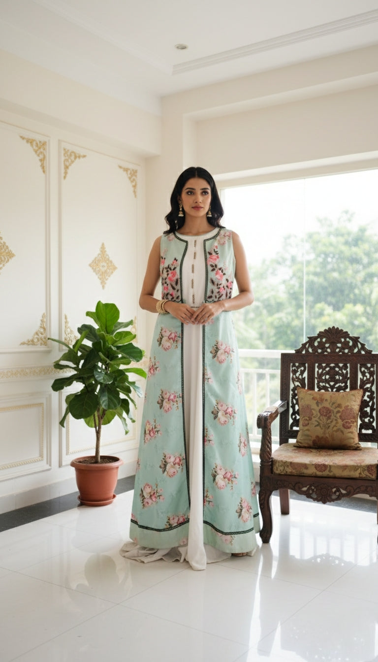 Women Multicolour Poly Crepe Floral Prints Jacket Style Gown