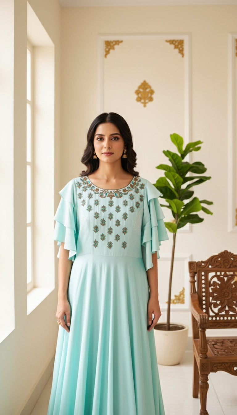 Women Satin Silk Designer Gown With Stylish Sleeves (Firozi)