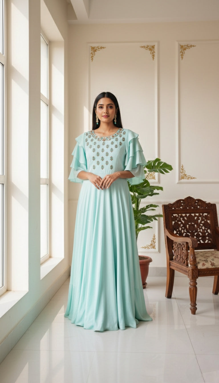 Women Satin Silk Designer Gown With Stylish Sleeves (Firozi)