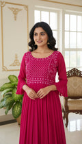 Women Pink Orginal Mirror Emboidered Georgette Long Gown