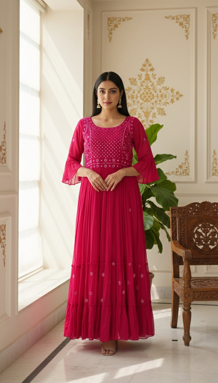 Women Pink Orginal Mirror Emboidered Georgette Long Gown