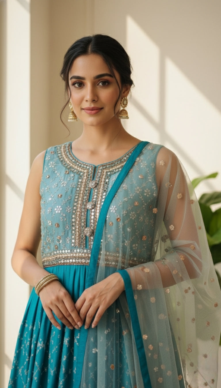 WOMEN LIGHT BLUE ORIGINAL MIRROR CHINNON LONG GOWN AND DUPPATTA SET