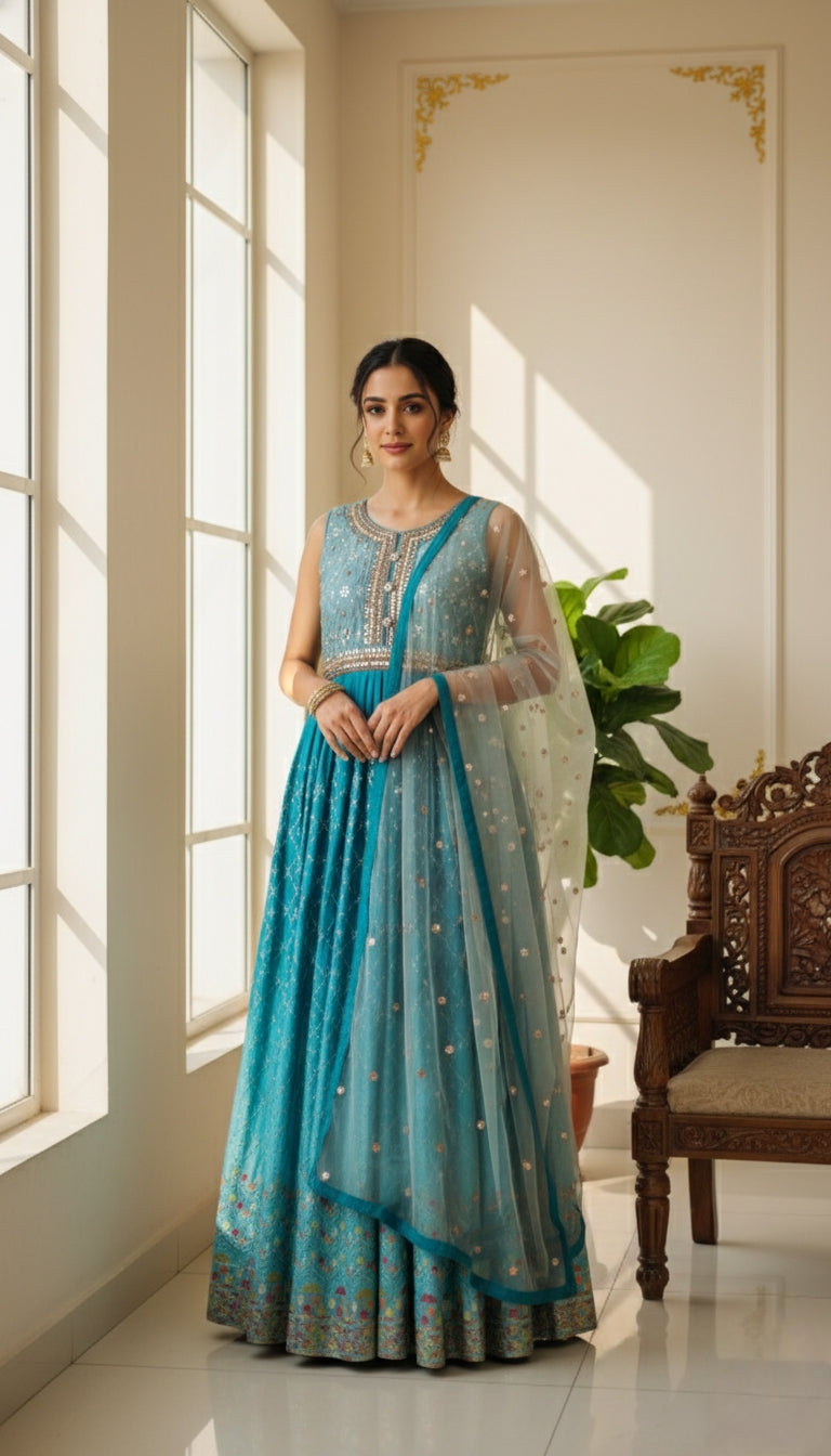 WOMEN LIGHT BLUE ORIGINAL MIRROR CHINNON LONG GOWN AND DUPPATTA SET