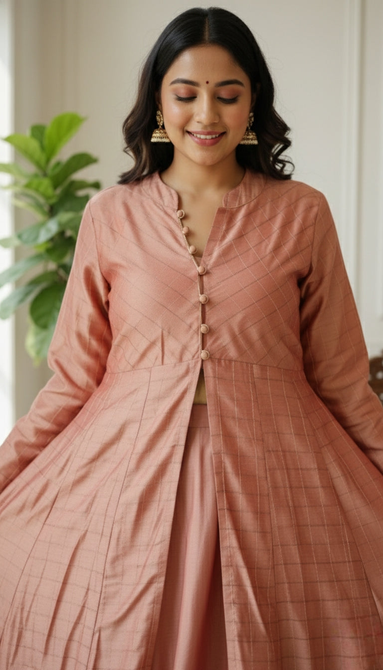 Women Pink Blue Silk Crop Top Set