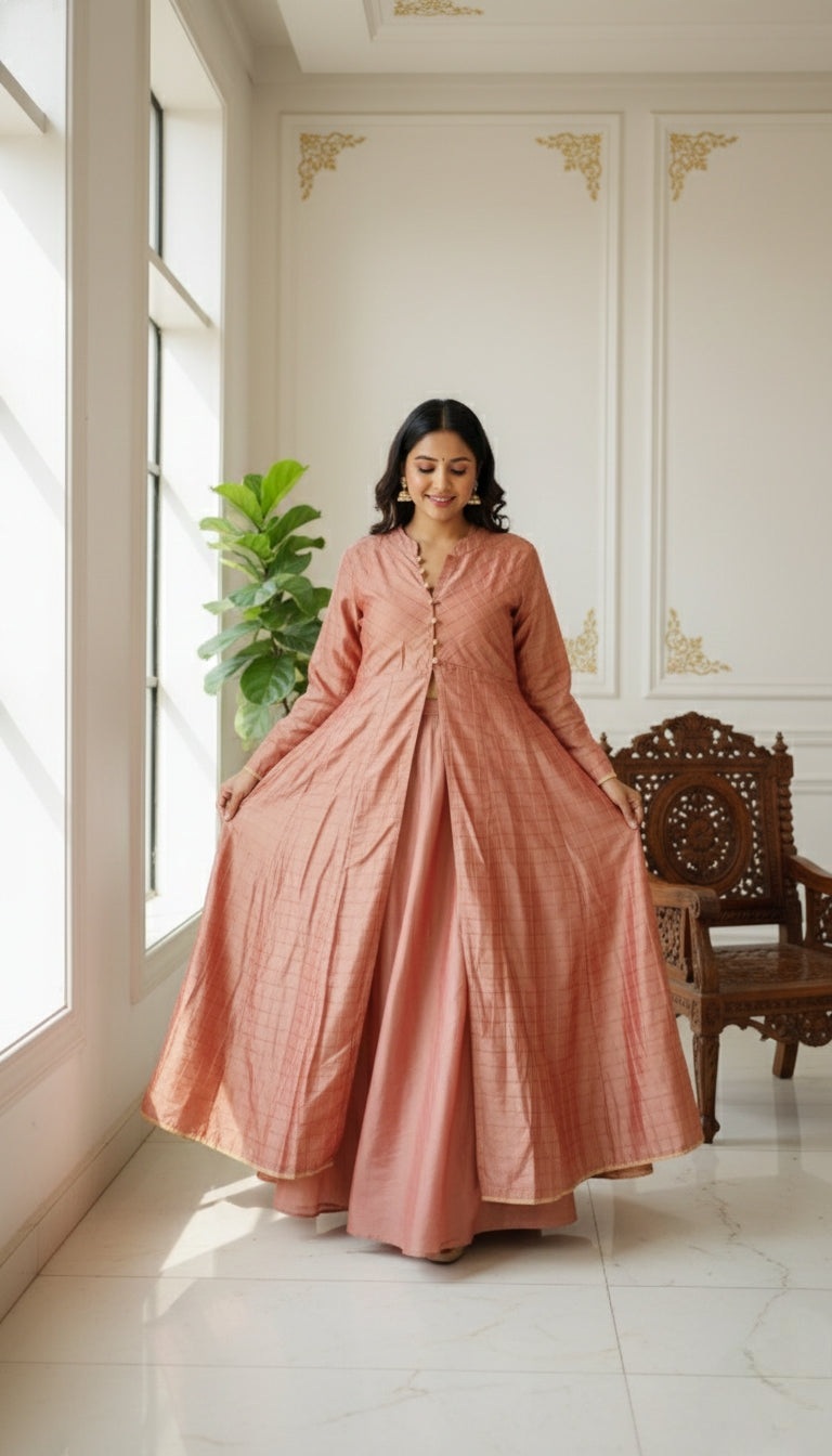 Women Pink Blue Silk Crop Top Set